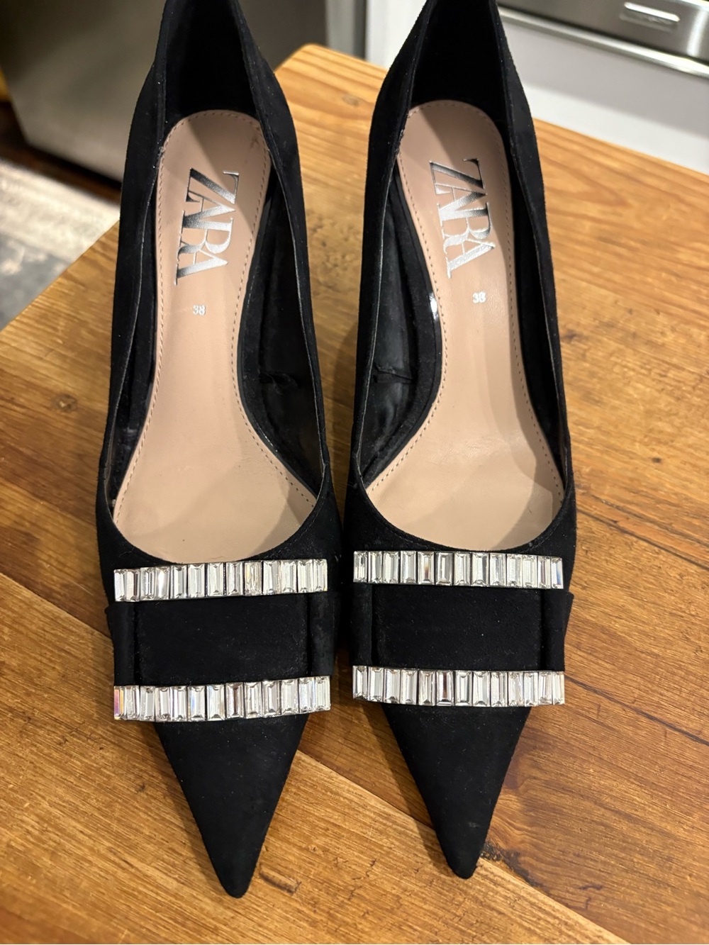 Zara Black Pointed Toe Pumps with Crystal Straps size 38